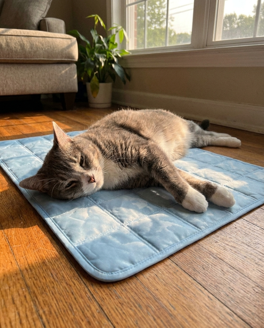 Cat lounging on the ArcticPaw cooling mat on hardwood floor