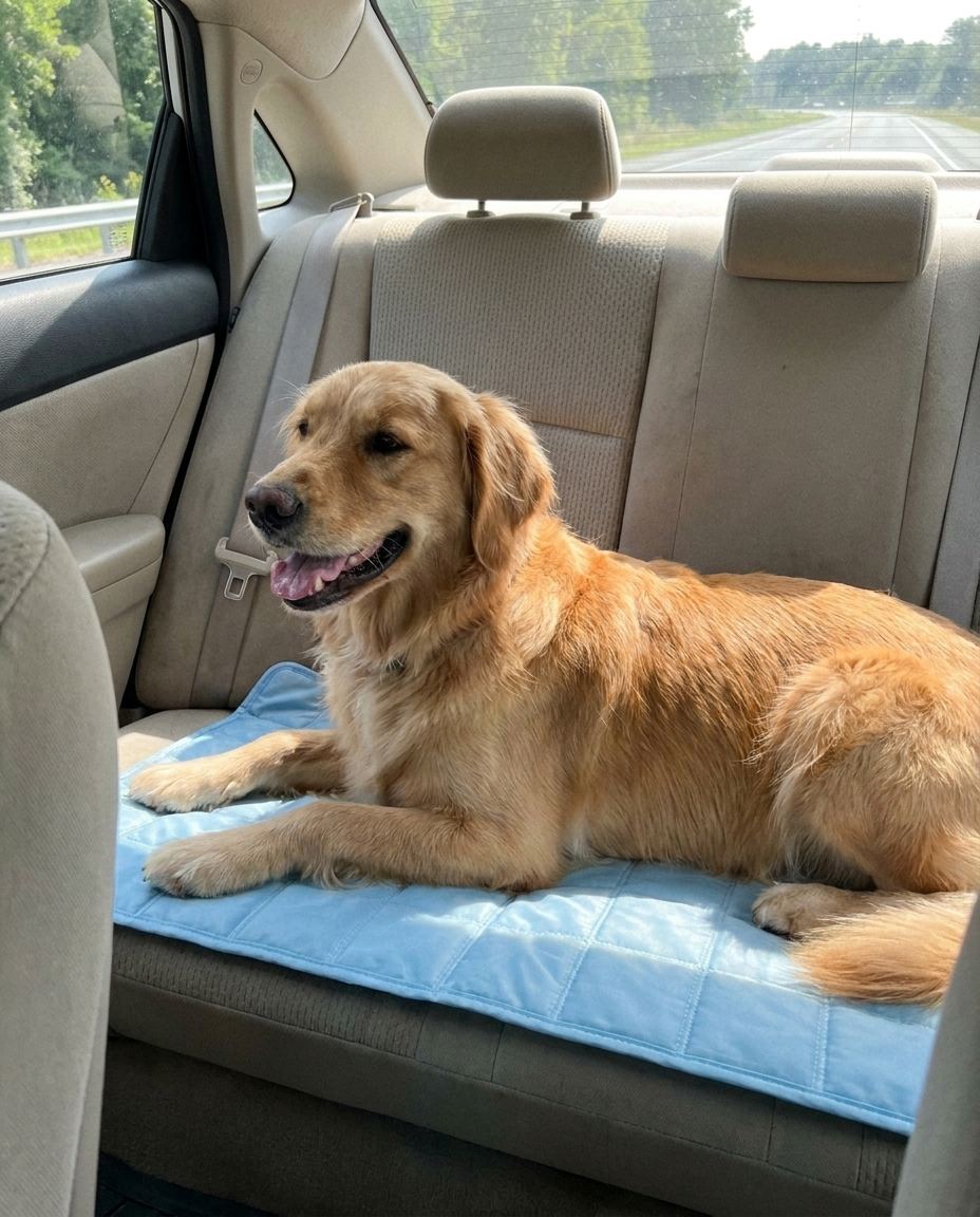 Dog resting on the ArcticPaw cooling mat on a car seat during travel