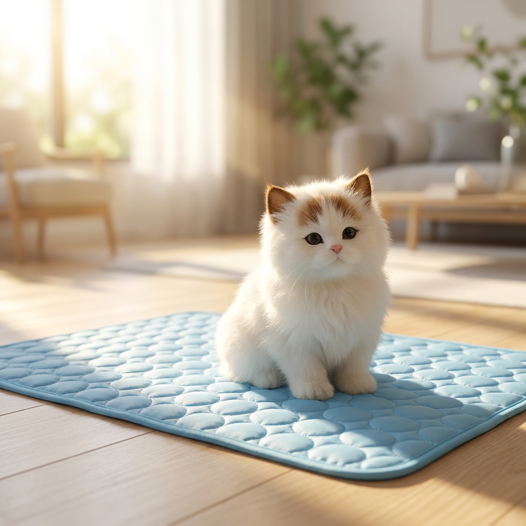 Kitten relaxing on the ArcticPaw cooling mat in a sunlit living room