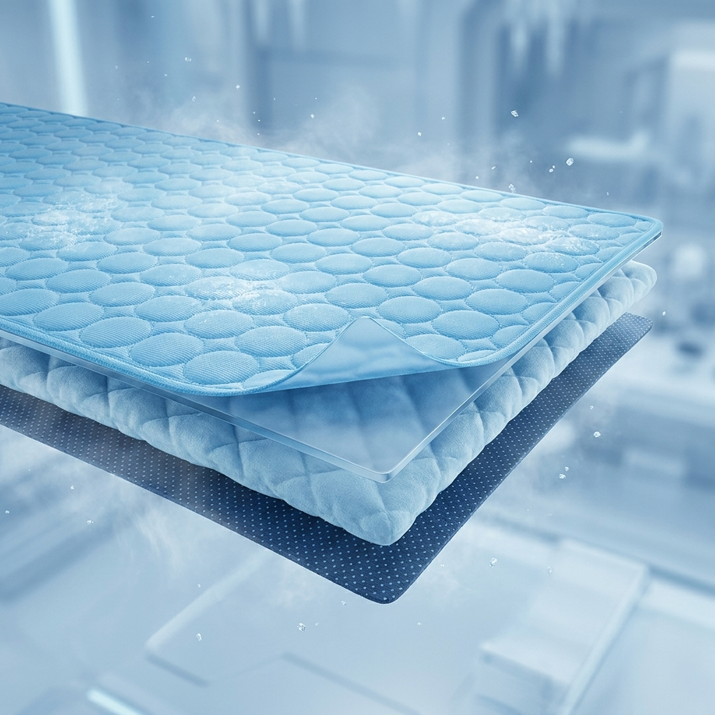 ArcticPaw cooling mat cross-section - 3 real layers: cool-touch top, quilted core, anti-slip backing